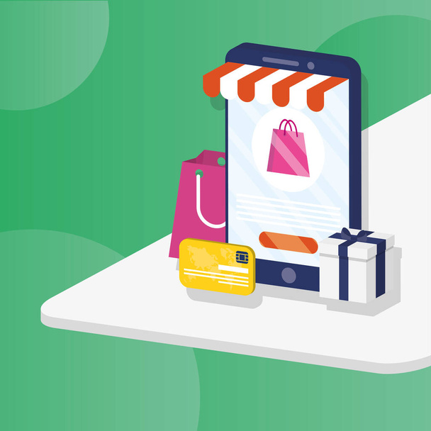 shopping online ecommerce with shopping packings in smartphone - Vector, Image