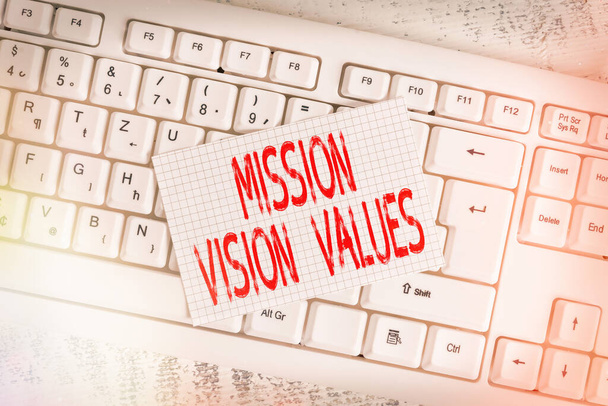 A Mission Vision Values-t bemutató feljegyzés. Üzleti fotó bemutató cég üzleti profil cél és gondozási nyilatkozat Billentyűzet irodai kellékek téglalap alakú papír emlékeztető fa. - Fotó, kép