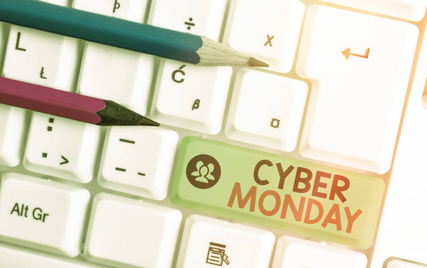 Conceptual hand writing showing Cyber Monday. Business photo showcasing a day where ecommerce websites offer a special deal for buyers. - Photo, Image