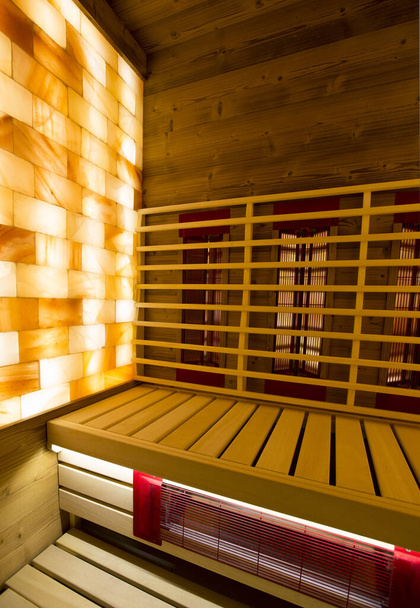 interior of a sauna with a towel - Φωτογραφία, εικόνα