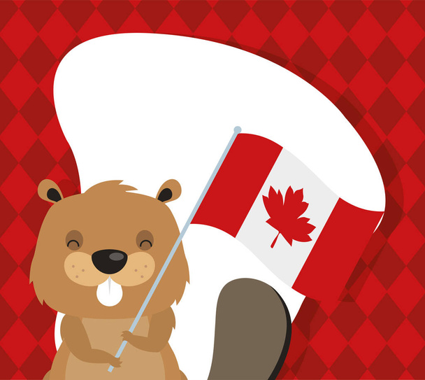 ビーバーと旗を手にしたカナダデーのお祝いカード - ベクター画像