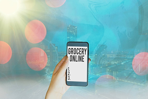 Ecriture conceptuelle montrant Grocery Online. Texte photo d'affaires version numérique du supermarché acceptant la commande en ligne. - Photo, image
