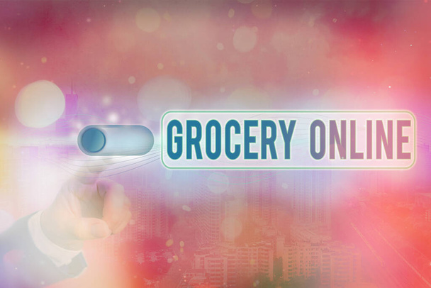 Ecriture conceptuelle montrant Grocery Online. Texte photo d'affaires version numérique du supermarché acceptant la commande en ligne. - Photo, image