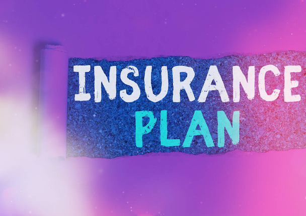 Handwriting text Insurance Plan. Concept meaning includes the risk management that a worker is covered. - Photo, Image
