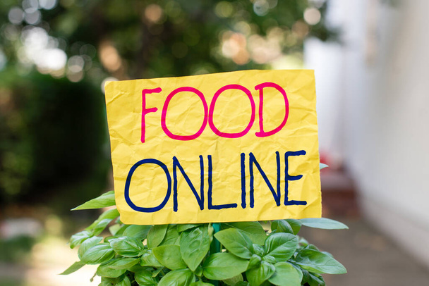 Szövegírás Food Online. Üzleti koncepció az élelmiszerek változatosságára, amelyet közvetlenül a boltban állítottak fel Üres papír egy pálcikához erősítve és a zöld leveles növényekbe helyezve. - Fotó, kép