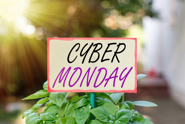 Text sign showing Cyber Monday. Conceptual photo a day where ecommerce websites offer a special deal for buyers Plain empty paper attached to a stick and placed in the green leafy plants. - Photo, Image