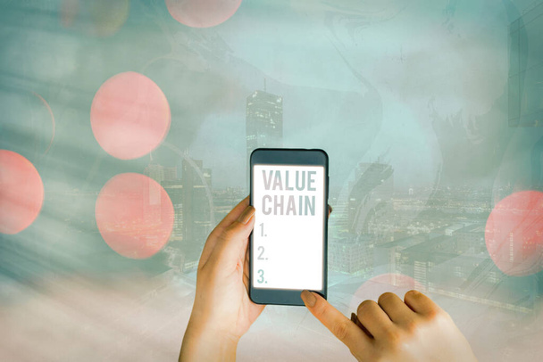Käsitteellinen käsin kirjoittaminen osoittaa Value Chain. Business valokuva teksti joukko toiminnallisia toimintoja tekee tuotteesta arvokkaampaa. - Valokuva, kuva