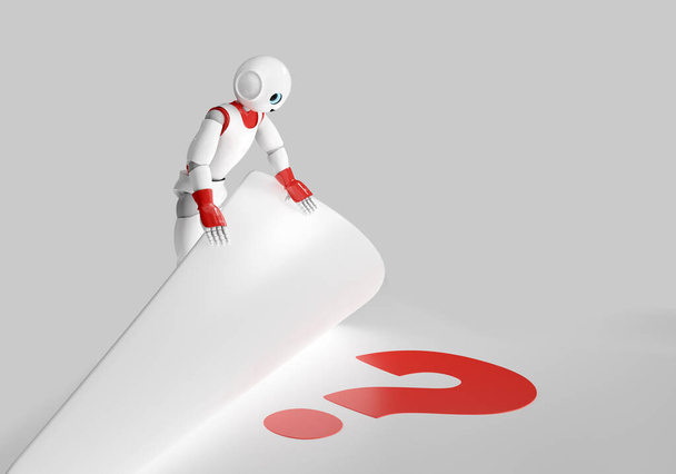 mignon robot 3D trouve un point d'interrogation. rendu 3d isolé sur blanc - Photo, image