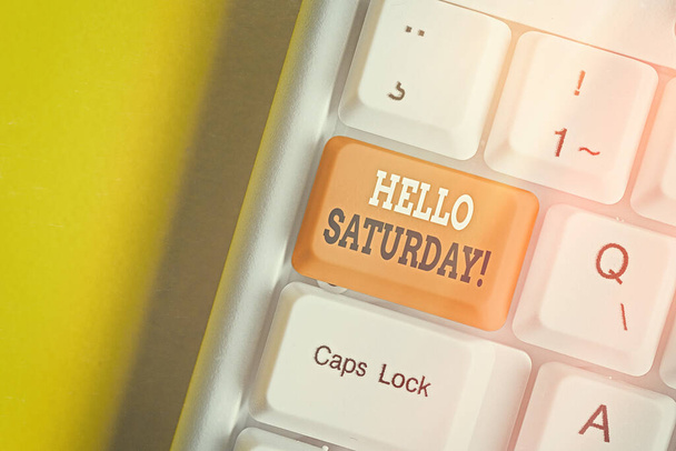 Writing note showing Hello Saturday. Business photo showcasing a positive message expressed during the start of the weekend. - Photo, Image