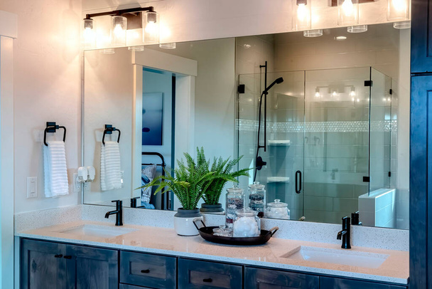Banheiro com duas pias e espelho de parede que reflete chuveiro stall e porta
 - Foto, Imagem