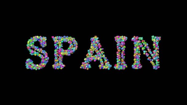 spain written in 3D illustration by colorful small objects casting shadow on a black background - Photo, Image