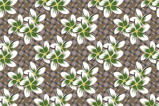 Cute plumeria flowers pattern,. Watercolor seamless pattern on striped background. Raster floral print in blue, green and gray colors. - Photo, Image