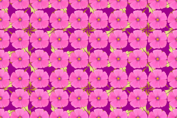 Vintage seamless pattern in magenta, pink and purple colors. Hand written raster cosmos flowers, stamps, keys. - Foto, Imagen