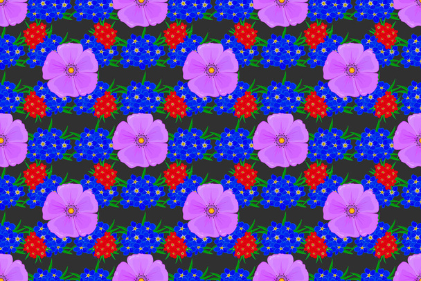 Traditional Indian floral seamless pattern with motley primrose flowers on a gray background. Raster illustration. - 写真・画像