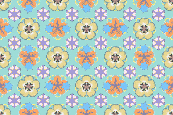 Seamless floral pattern with stylized flowers in yellow, blue and beige colors. Raster illustration. - Foto, afbeelding