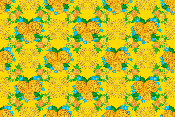 黄色の背景に花の壁紙。バラ、金、緑の葉とラスターストライプシームレスパターン。伝統的な東洋のシームレスなパターン。織物、織物、包装紙の装飾品 - 写真・画像