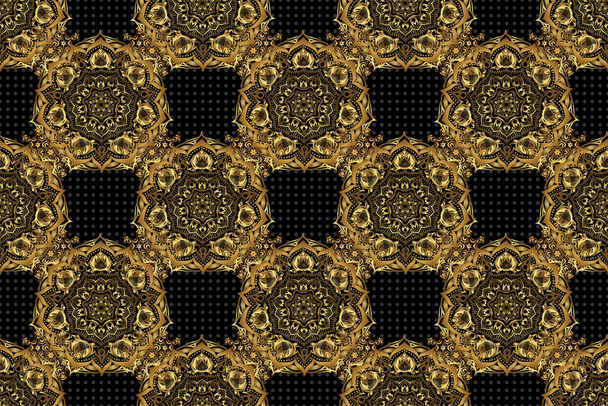Geometric repeating seamless pattern with hexagon shapes in gold gradient on a black background. Raster illustration. - Photo, Image