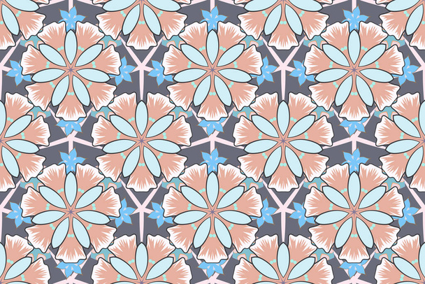 Raster seamless floral pattern with flowers and leaves in gray, blue and beige colors. - Foto, imagen