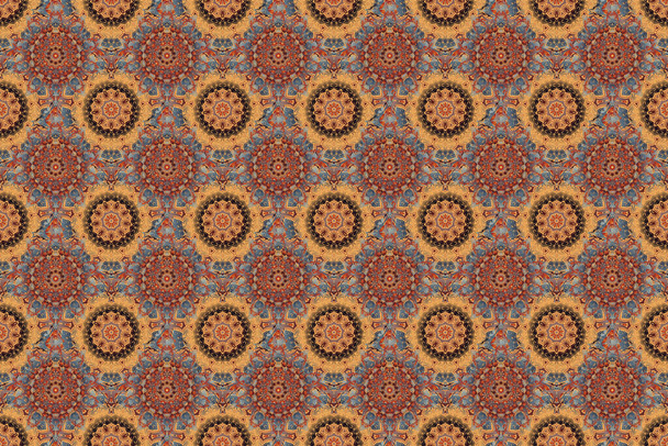 Raster illustration. Brown, gray and orange seamless pattern good for greeting card for birthday, invitation or banner. Medieval floral royal pattern. Decorative symmetry arabesque. - 写真・画像