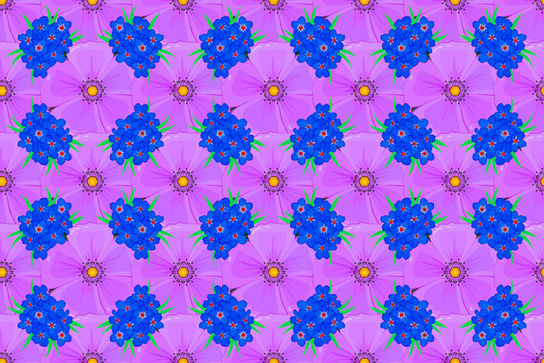 Seamless pattern with forget-me-not flowers. Seamless abstract floral pattern on a green background. Geometric leaf ornament. Graphic modern pattern. Cute raster background. - Foto, imagen