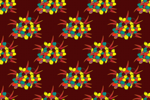 Traditionelle indische florale nahtlose Muster mit kunterbunten Vergissmeinnicht-Blumen in roten, gelben und braunen Farben. Raster-Illustration. - Foto, Bild