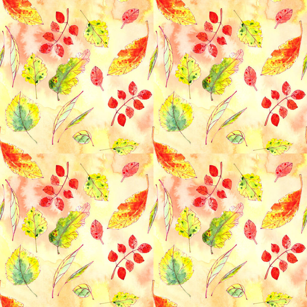 seamless pattern of autumn yellow, red, orange, green leaves on a textured yellow orange background. graphic color picture. High quality illustration - Photo, Image