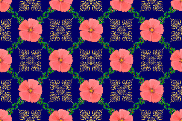 Floral vintage χωρίς ραφή σχέδιο σε πράσινο, μπλε και ροζ χρώμα. Χαριτωμένα λουλούδια του κόσμου ράστερ τυπωμένα. Εικονογράφηση κορμού. - Φωτογραφία, εικόνα