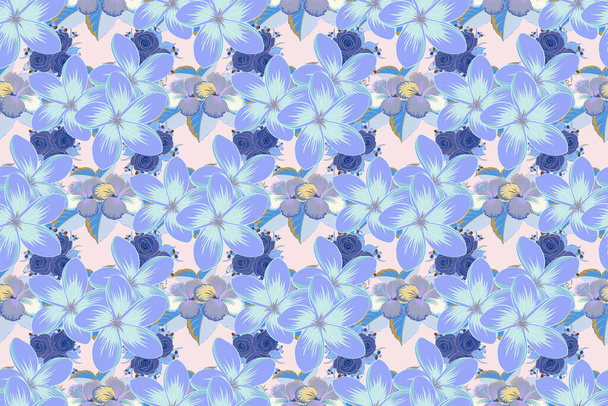 Seamless raster pattern in blue, violet and beige colors with cute plumeria flowers. Floral background. - Photo, Image