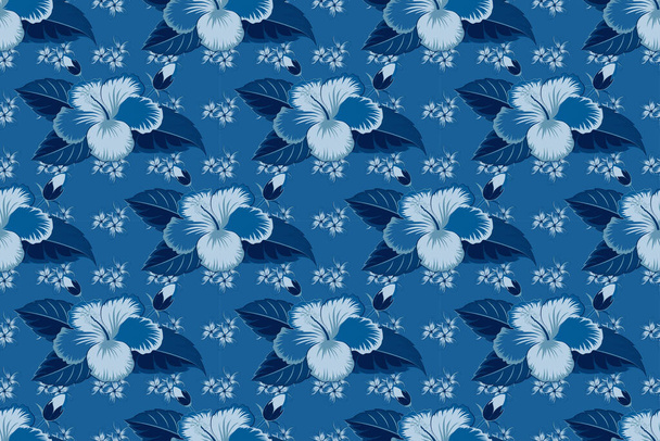 Etniczny kwiatowy bezszwowy wzór w niebieskich kolorach z dekoracyjnymi kwiatami hibiskusa. Raster ilustracja. - Zdjęcie, obraz