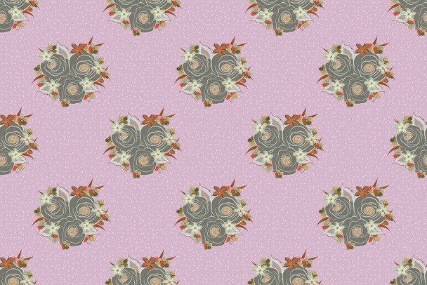 Cute raster floral background. Rose flowers seamless pattern in green, brown and gray colors. - Foto, Imagem