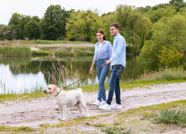 Young couple and golden retriever running in countryside - Photo, Image