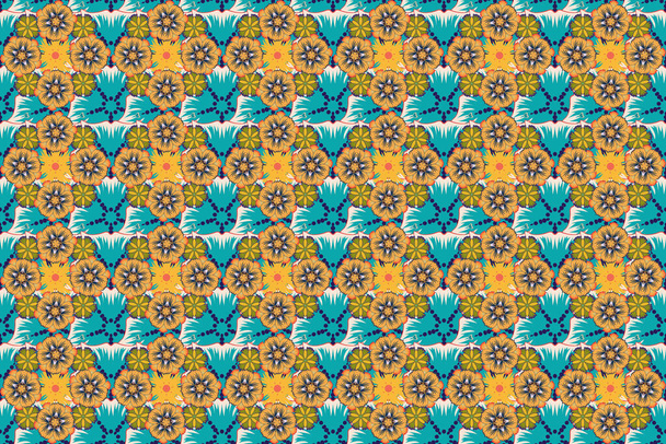 Seamless pattern of raster blue, yellow and orange elements. - Photo, Image
