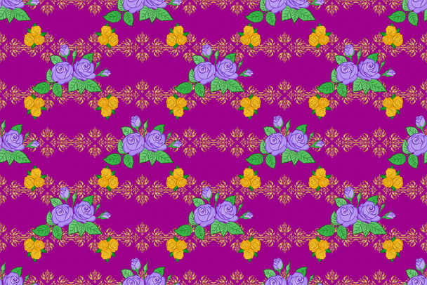 Illustration matricielle. Motif floral ethnique sans couture sur un fond violet avec des fleurs roses décoratives et des feuilles vertes. - Photo, image