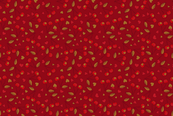 Raster vintage watercolor cherry seamless pattern (hand drawn) in orange, black and red colors. - Photo, Image