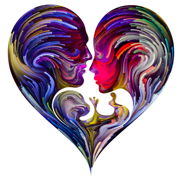 Soul Mates series. Male, female and fetus outlines joined into heart shape symbol with brushstrokes of digital paint. Illustration on subject of love, parenthood, marriage and family. - Photo, image