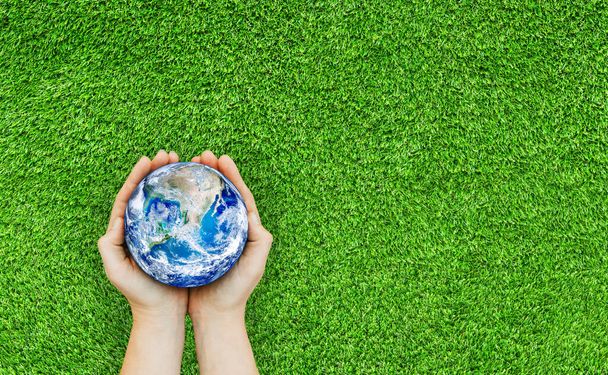 Ecology and Environment Concept: Top view of Hand holding blue planetary earth over green grass (англійською). (Елементи цього зображення, надані НАСА..) - Фото, зображення