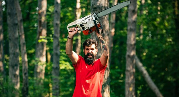 Lumberjack with chainsaw in his hands. Lumberjack holding the chainsaw. The Lumberjack working in a forest. Stylish young man posing like lumberjack. Harvest of timber. - Fotoğraf, Görsel