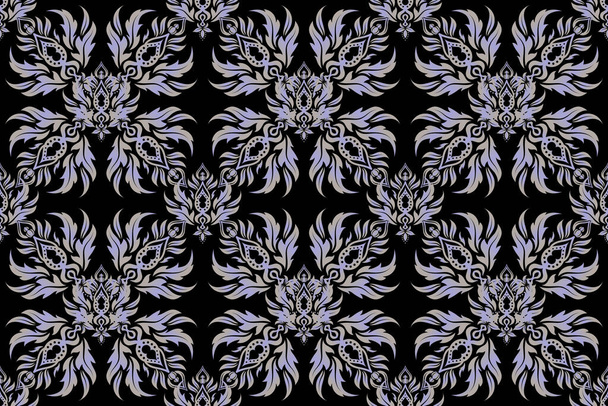 Raster seamless pattern on a black background with gray vintage ornament. - Photo, Image