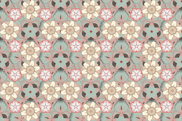 Vintage beige, gray and pink seamless pattern, abstract ornament brocade textile pattern, motley stylized elements for fabric, printing or wrapping paper. - Zdjęcie, obraz