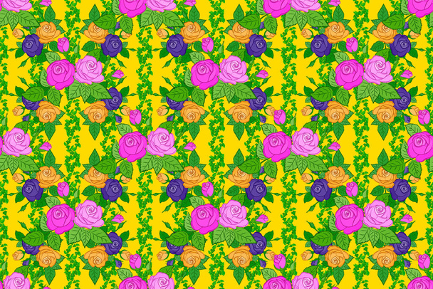 Raster illustration. Floral vintage seamless pattern on a yellow background. Cute raster rose flowers and green leaves print. - Foto, afbeelding