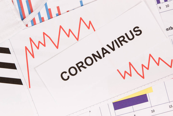 Inscription coronavirus and downward graphs representing financial crisis caused by Covid-19. Risk of global recession around world - Foto, imagen