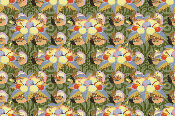 Tropisch bloemloos naadloos patroon met beige, groene en gele hibiscus bloemen. Bloemen raster naadloos patroon. Rasterillustratie. - Foto, afbeelding