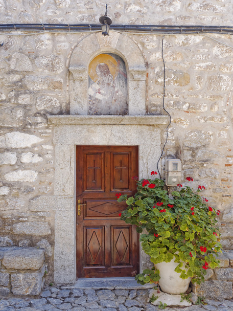 Church entrance and flowerpots - Zdjęcie, obraz