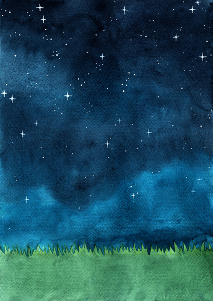Prado de grama com céu noturno aquarela mão pintura fundo
. - Foto, Imagem