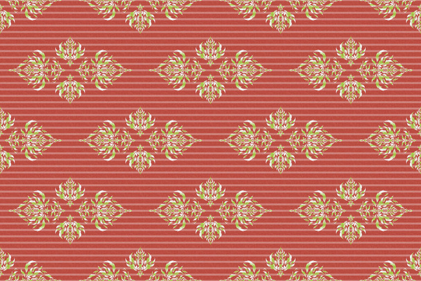 Ikat damask безseamask pattern background tile. Растровая иллюстрация. Зеленым и розовым цветами
. - Фото, изображение