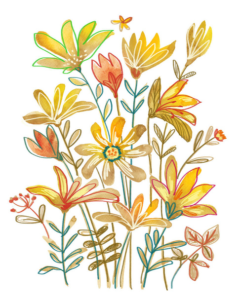 Набір акварельних квітів. Рука намальовані квіткові елементи ізольовані на білому тлі. Фантазійні квіти, листя і колекція гілок
. - Фото, зображення