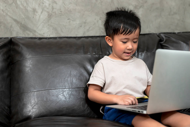 A home distance learning, boys studying online with notebooks at home, home school concept - Photo, Image