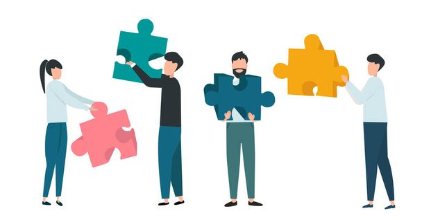 Collective work. Business team holding jigsaw puzzle pieces on white background, vector illustration in flat style - Vector, Image