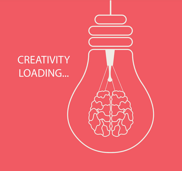 Kreativitätskonzept. Thin Line Vektor Illustration der Glühbirne mit menschlichem Gehirn als Wolframfaden, Farbhintergrund - Vektor, Bild