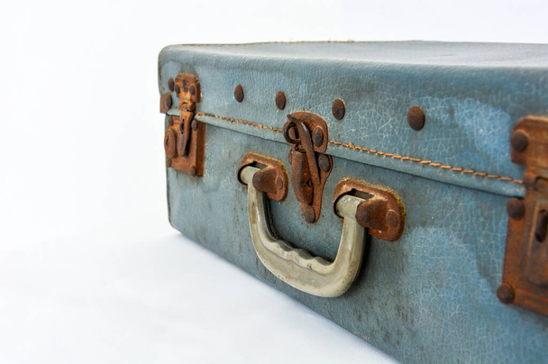 old handle and lock of blue vintage bag suitcase on white background - Photo, Image